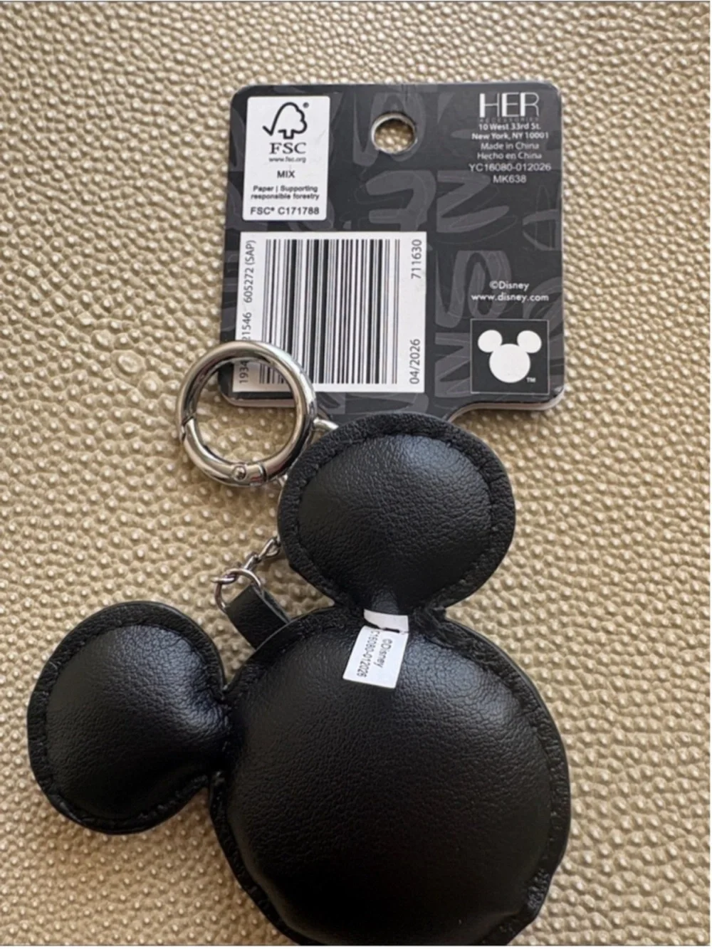 Disney Mickey Mouse  Black Faux-Leather Keychain bag charm with pearl accents